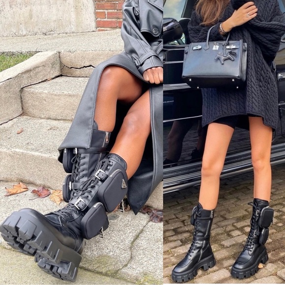 Prada Monolith Leather Combat Boots W Removable Pouches Tall Size 38.5 EUC - Picture 1 of 12